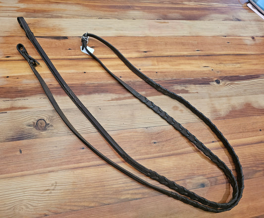 60" Used fancy stitched raised braided reins, dark brown